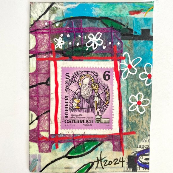 ACEO Original Extreme Collage Vintage 90s Austria Postage Stamp Art ATC - Picture 1 of 2